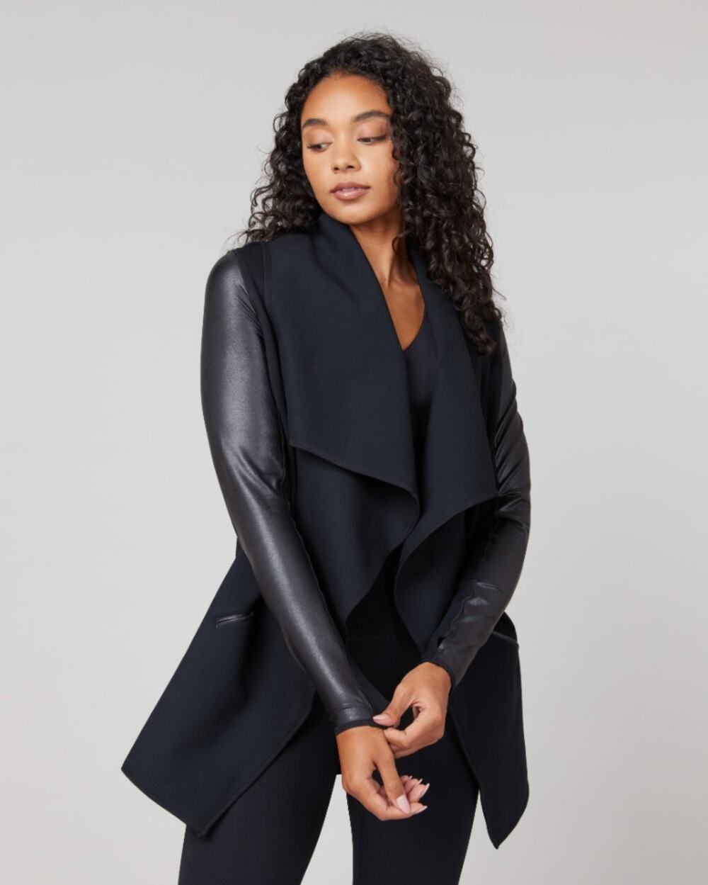 Spanx Women's Drape Front Faux Leather Jacket in Black size M